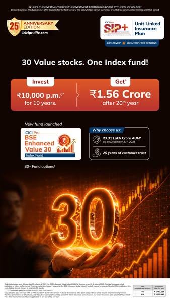 This ad promotes ICICI Pru BSE Enhanced Value 30 Index Fund, highlighting the potential to invest ₹10,000 per month for 