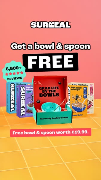 The ad promotes Surreal cereal with a free bowl and spoon offer. It features a visually appealing product display with b
