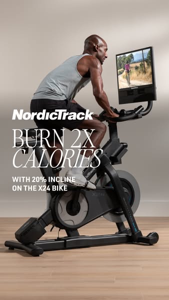 This ad promotes NordicTrack's X24 bike, highlighting its ability to burn twice the calories with a 20% incline. The