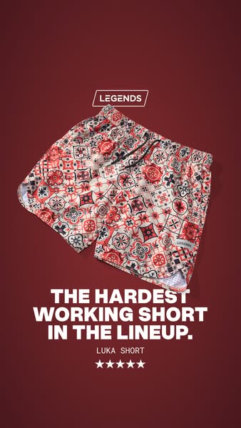 This ad features a pair of Legend Luka shorts against a red background. The text highlights the comfort and performance 