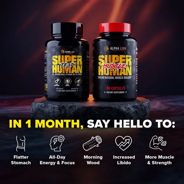 The image ad promotes Alpha Lion's Super Human Test and Super Human Muscle supplements, promising benefits like a fl