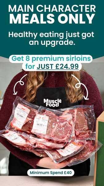 This image ad promotes Muscle Food, offering eight premium sirloin steaks for £24.99 to upgrade healthy eating. The ad f