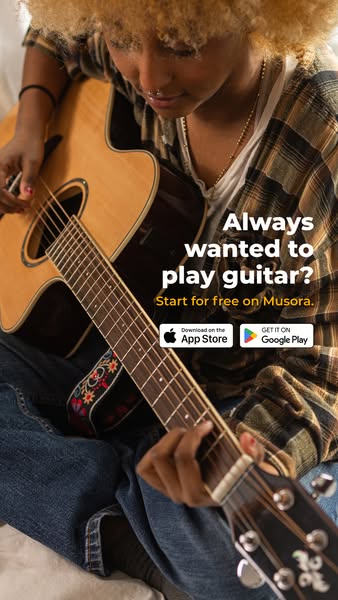 This image ad for Musora features a person playing guitar with the tagline 'Always wanted to play guitar? Start for 