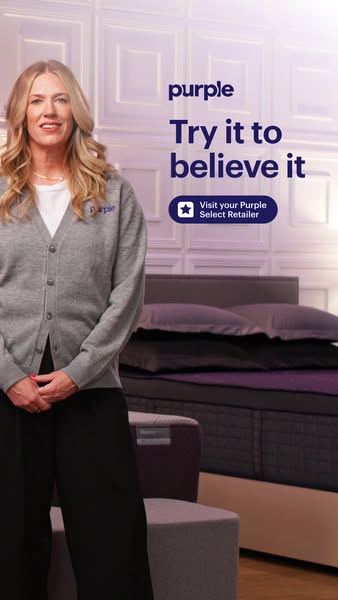 This ad features a brand representative standing in front of a bed, likely to convey that Purple products can be purchas