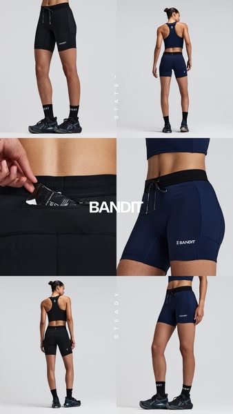 This image ad showcases activewear shorts in various colors and angles, emphasizing their design and functionality for a