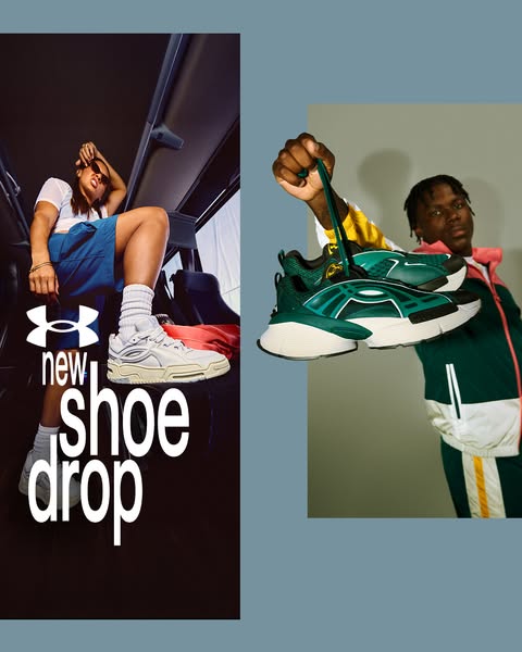 This ad promotes Under Armour's new shoe drop, featuring two distinct sneaker designs. The ad splits the frame betwe