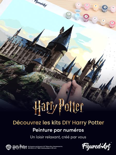 This image ad promotes DIY paint by numbers kits from Figured Art, featuring Harry Potter themed images. The ad emphasiz