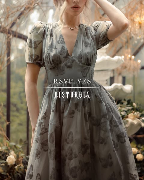 The image ad is for Disturbia brand. It features a woman wearing a dress in a light and airy indoor setting. There is a 