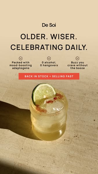 This image ad for De Soi features a cocktail in a glass with a lime wedge on a beige surface, with text promoting the be