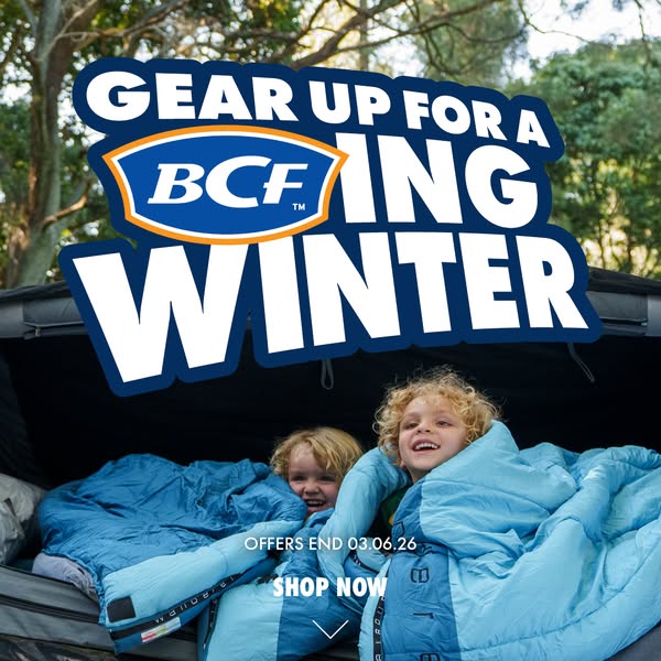 This image ad promotes BCF's winter gear, specifically sleeping bags, for children. The ad features two smiling chil