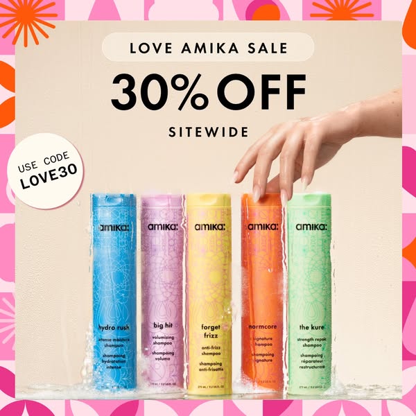 This Amika ad promotes a sitewide sale of 30% off and features five of their shampoo products with various targeted bene