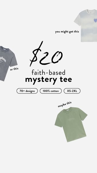 Image ad showcasing a faith-based mystery t-shirt, highlighting its low price and the element of surprise with a variety