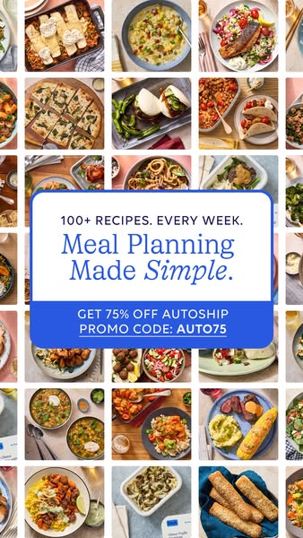 The ad features a collage of images depicting various meals. In the foreground, a blue rounded rectangle presents a prom