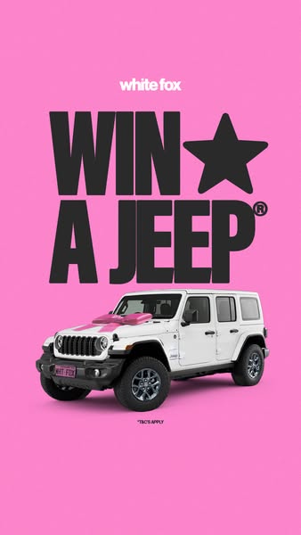 This ad promotes a giveaway for a Jeep from the brand White Fox. The visual is a bright pink background with a white Jee