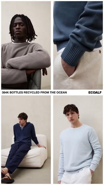 This image ad features a grid layout of four images showcasing Ecoalf's clothing line made from recycled materials. 