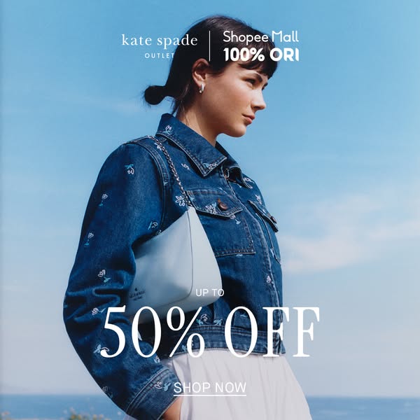 This ad from Kate Spade Outlet features a woman wearing a denim jacket with small white flowers, and carrying a small li