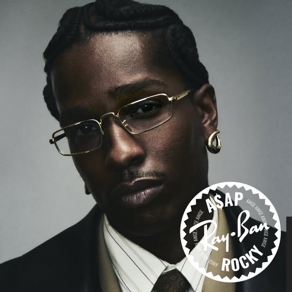 This ad promotes Ray-Ban sunglasses in collaboration with A$AP Rocky, showcasing his personal style and influence.