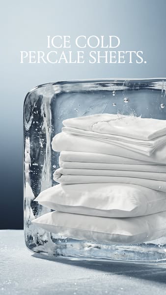 This ad features a stack of white percale sheets encased in a block of ice. The headline emphasizes their "ice cold