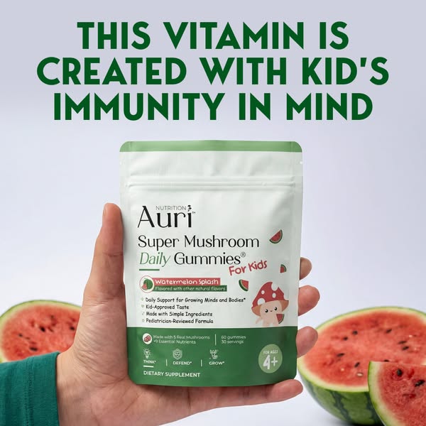 This ad highlights Auri Nutrition's Super Mushroom Daily Gummies for kids, emphasizing their immune-boosting benefit