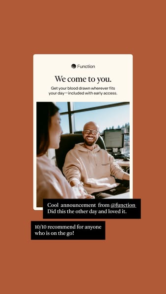 This image ad for Function advertises their at-home blood drawing service. The ad features an indoor shot of two people,