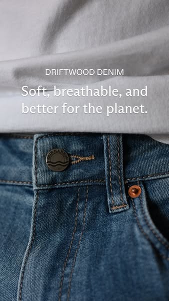 This ad features a close up of a pair of jeans and highlights their key benefits: softness, breathability, and sustainab
