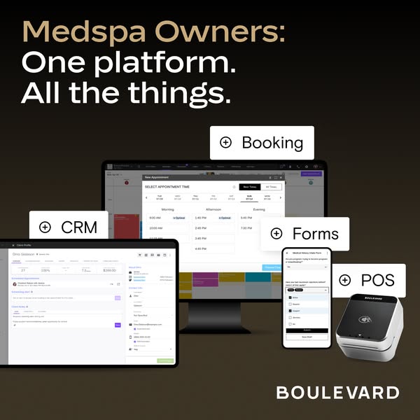 This ad is for Boulevard, a platform for medspa owners. The ad highlights the different features of the platform, includ