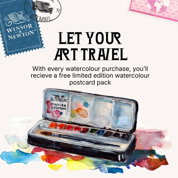 This ad promotes Winsor & Newton art supplies, highlighting a special offer: a free limited-edition watercolor postc