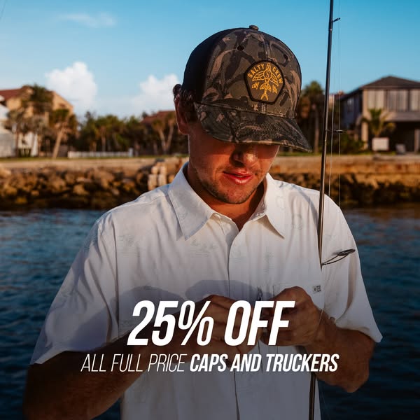 This ad features a man wearing a Salty Crew trucker hat in an outdoor setting. The ad promotes a 25% off sale on all ful