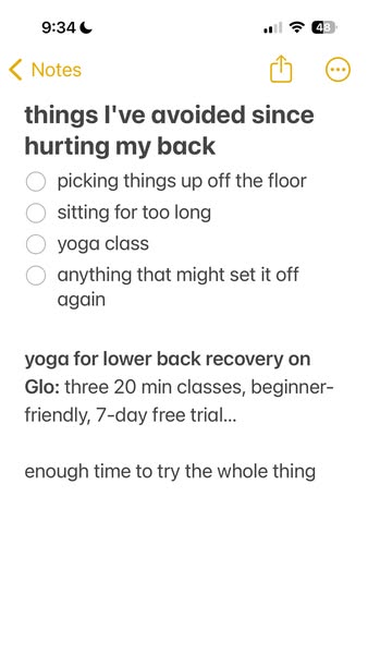 This ad presents a screenshot of a Notes app page listing things someone has avoided since hurting their back. It then o