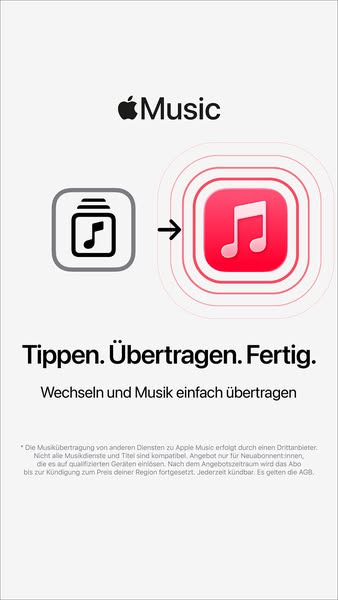 This ad showcases how easily users can transfer their music to Apple Music from other streaming services. It shows the p