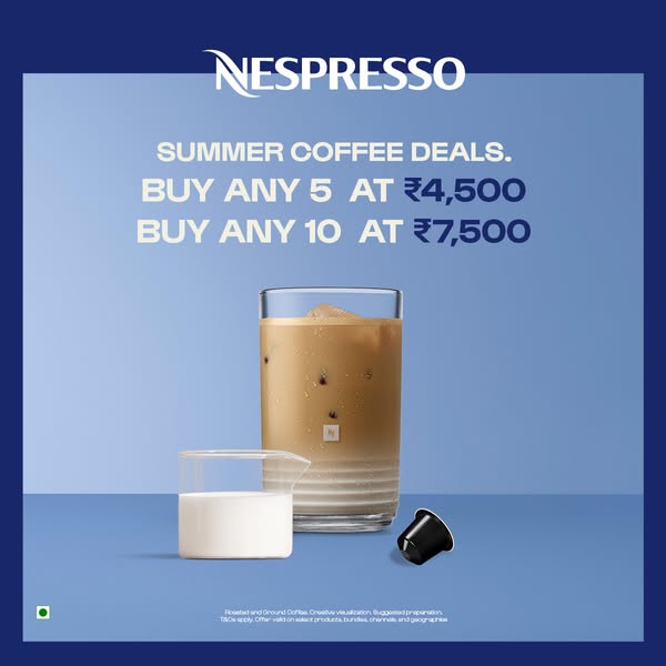 This image ad showcases Nespresso coffee capsules and presents a summer deal for bulk purchases.
