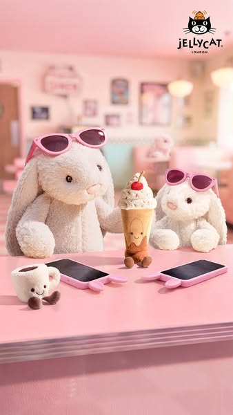 An advertisement for Jellycat plush toys featuring two bunny plushies in sunglasses sitting at a pink diner table with a