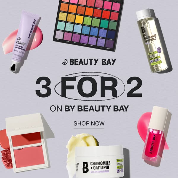 The ad showcases a variety of beauty products from the brand BEAUTY BAY including a lip plumper, eye shadow palette, ton
