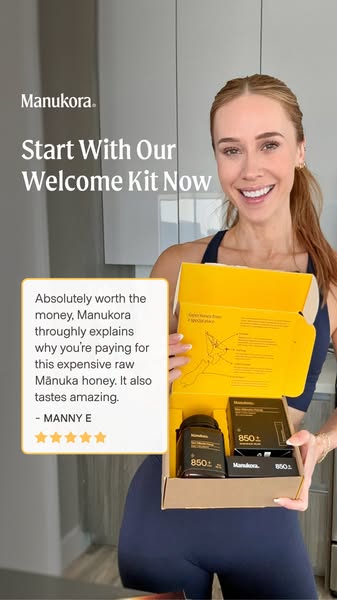 This ad features a woman holding a Manukora Welcome Kit and sharing a customer testimonial about the product.