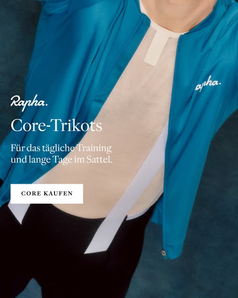 This image ad for Rapha promotes its Core-Trikots cycling apparel with a photo of a cyclist wearing the brand's cycl