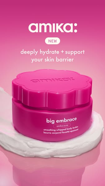 This ad showcases Amika's Big Embrace smoothing whipped body butter. The focus is on the product's hydrating and