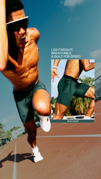 This image ad showcases the brand's athletic shorts on a male runner. The ad highlights the product features, partic