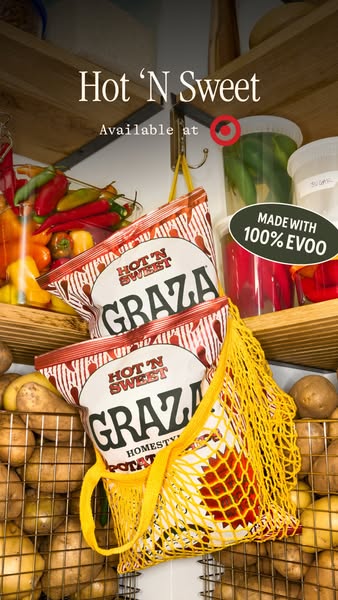 An image ad for Graza's Hot 'N Sweet potato chips, showcasing the product in a pantry setting and emphasizing it