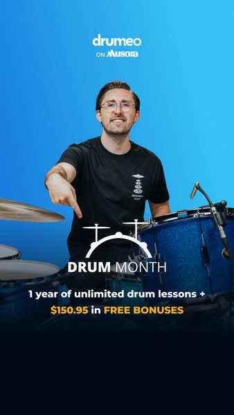 This ad for Drumeo promotes unlimited drum lessons and free bonuses. It features a man pointing at a drumset and text pr