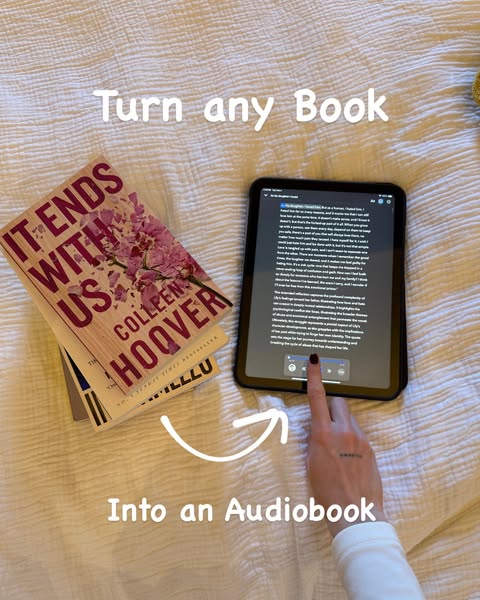 An advertisement demonstrating how to turn any book into an audiobook using the Speechify app.
