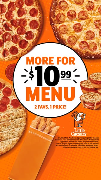 This image ad by Little Caesars promotes a limited-time offer of getting two favorites for $10.99.