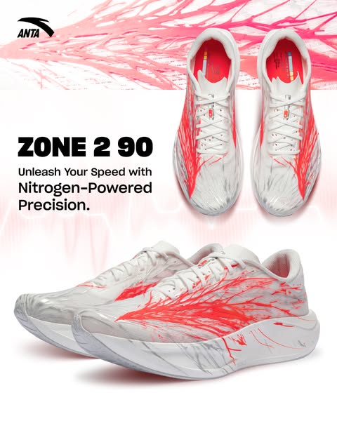 This ad promotes ANTA's ZONE 2 90 running shoes, highlighting their nitrogen-powered precision. The visual style inc
