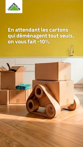 This ad for Leroy Merlin presents a creative way to highlight a discount on moving boxes. The ad displays a stack of mov
