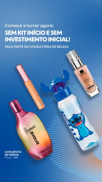 The image shows a selection of beauty products, including perfume, mascara, and face serum, alongside a blue water bottl
