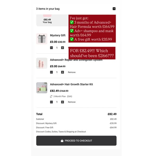 This ad features a screenshot of what appears to be a shopping cart page for Advanced+ hair products. The screenshot hig
