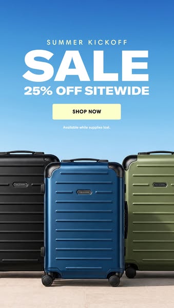 This ad promotes a sitewide sale for a luggage brand, encouraging viewers to shop now while the offer lasts.