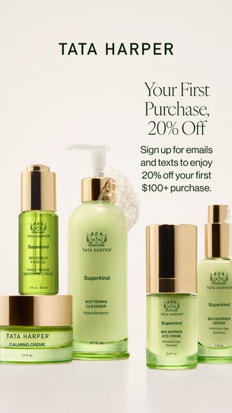 This ad from Tata Harper promotes their Superkind skincare line with a discount for new customers. It aims to attract ne