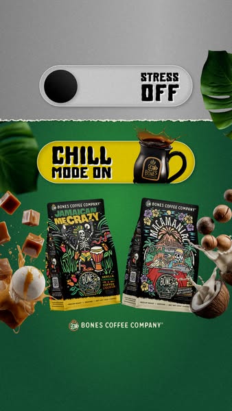 This ad for Bones Coffee Company suggests that the consumer can turn off stress and chill with their coffee. The ad feat