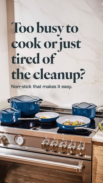 This image ad highlights the convenience of a non-stick cookware set, addressing the pain points of busy cooks and those