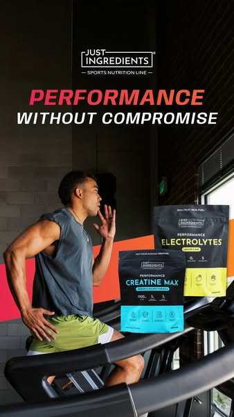 This ad promotes Just Ingredients' line of sports nutrition products. The image features a man on a treadmill with t